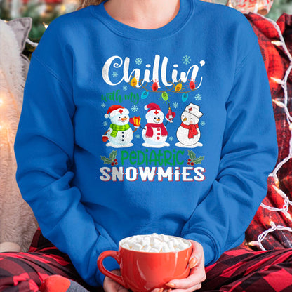 Funny Nurse Shirt, Nurse Unisex T-Shirt/Hoodie/Sweatshirt HLT00 - Chillin With My Pediatric Snowmies Nurse Light Christmas T-Shirt