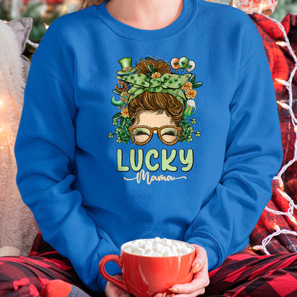 Gift for Mom Shirt, Funny Mom Unisex T-Shirt/Hoodie/Sweatshirt HLT00 - Lucky Mama St Patricks & Mothers Day Mom Messy Bun Irish T-Shirt