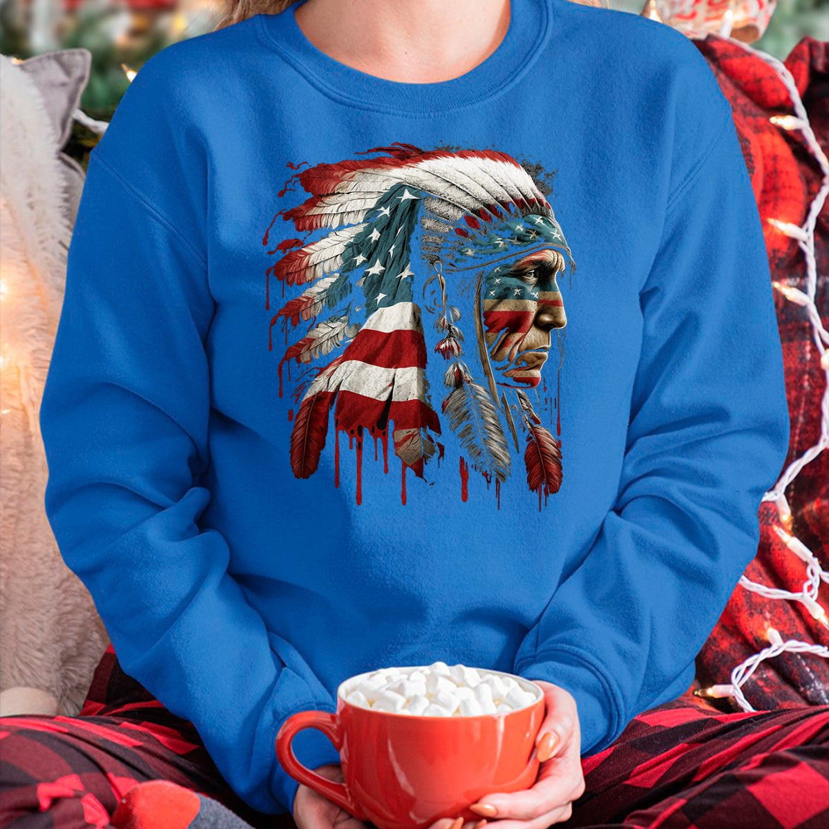 Native American T-Shirts, Vintage Native American Unisex T-Shirt/Hoodie/Sweatshirt HLT00 - Native American Indian Chief American USA Flag T-Shirt (2)