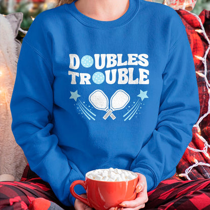Funny Pickleball Shirt, Pickleball Lover Unisex T-Shirt/Hoodie/Sweatshirt HLT00 - Blue Doubles Trouble Pickleball Tournament Partner Matching T-Shirt