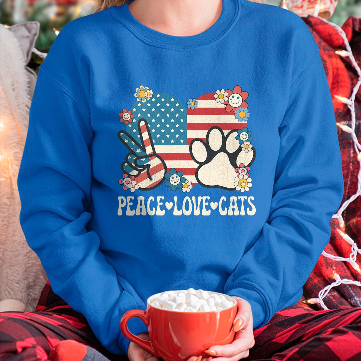 Cat Love Shirt, Funny Cat Lover Gift UnisexT-Shirt/Hoodie/Sweatshirt HLT00 - Peace Love Cats American Flag Patriotic Cat Lover Retro Cat T-Shirt