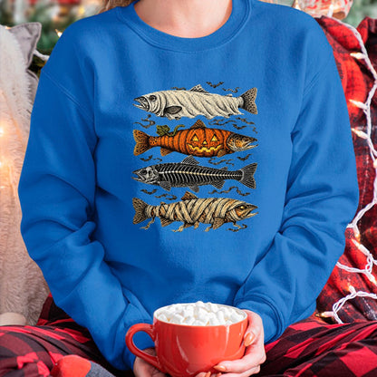 Funny Fishing Shirt, Gift For Fishing Lover Unisex T-Shirt/Hoodie/Sweatshirt HLT00 - Halloween Trout Fish Ghost Pumpkin Skeleton Mummy T-Shirt