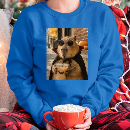 Cute Capybara Shirt, Funny Capybara Unisex T-Shirt/Hoodie/Sweatshirt HLT00 - Capybara Vampire Drinking Iced Coffee Halloween Funny Meme T-Shirt