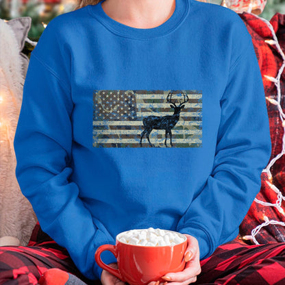 Funny Hunting Shirt, Gift For Hunting Lover Unisex T-Shirt/Hoodie/Sweatshirt HLT00 - Deer Hunting Camo American Flag Buck Standing Hunter Country T-Shirt