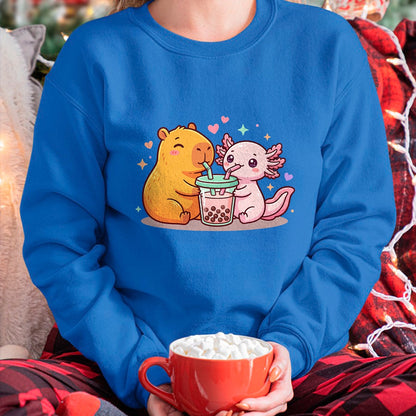 Cute Capybara Shirt, Funny Capybara Unisex T-Shirt/Hoodie/Sweatshirt HLT00 - Cute Capybara and Axolotl Bubble Tea Boba Girls Kawaii T-Shirt