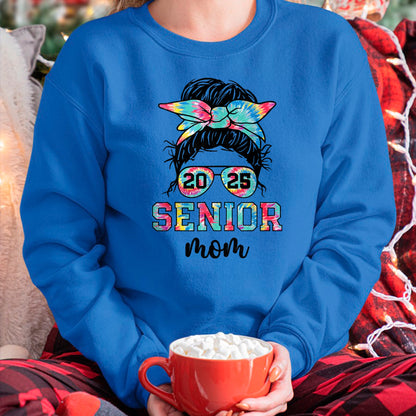 Gift for Mom Shirt, Funny Mom Unisex T-Shirt/Hoodie/Sweatshirt HLT00 - Messy Bun Tie Dye Proud Mom Of A Class Of 2025 Senior T-Shirt