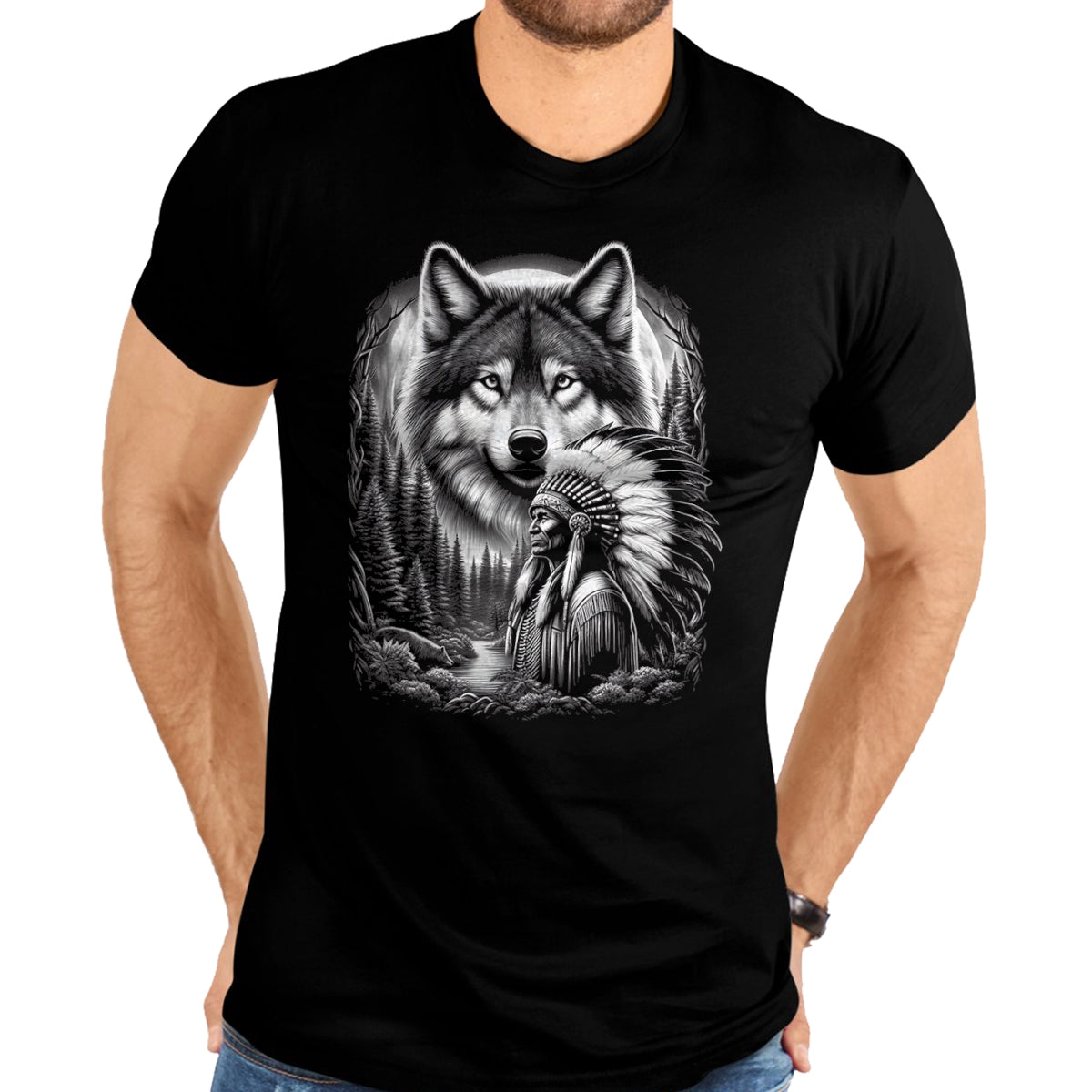 Native American T-Shirts, Vintage Native American Unisex T-Shirt/Hoodie/Sweatshirt HLT00 - Native American Indian and Wolf Feathers Chief Art T-Shirt (2)