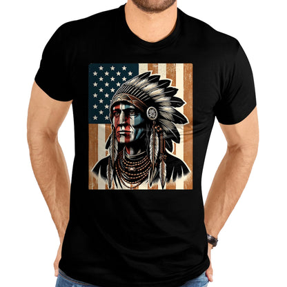 Native American T-Shirts, Vintage Native American Unisex T-Shirt/Hoodie/Sweatshirt HLT00 - Native American Indian Vintage Chief American USA Flag Retro T-Shirt (1)