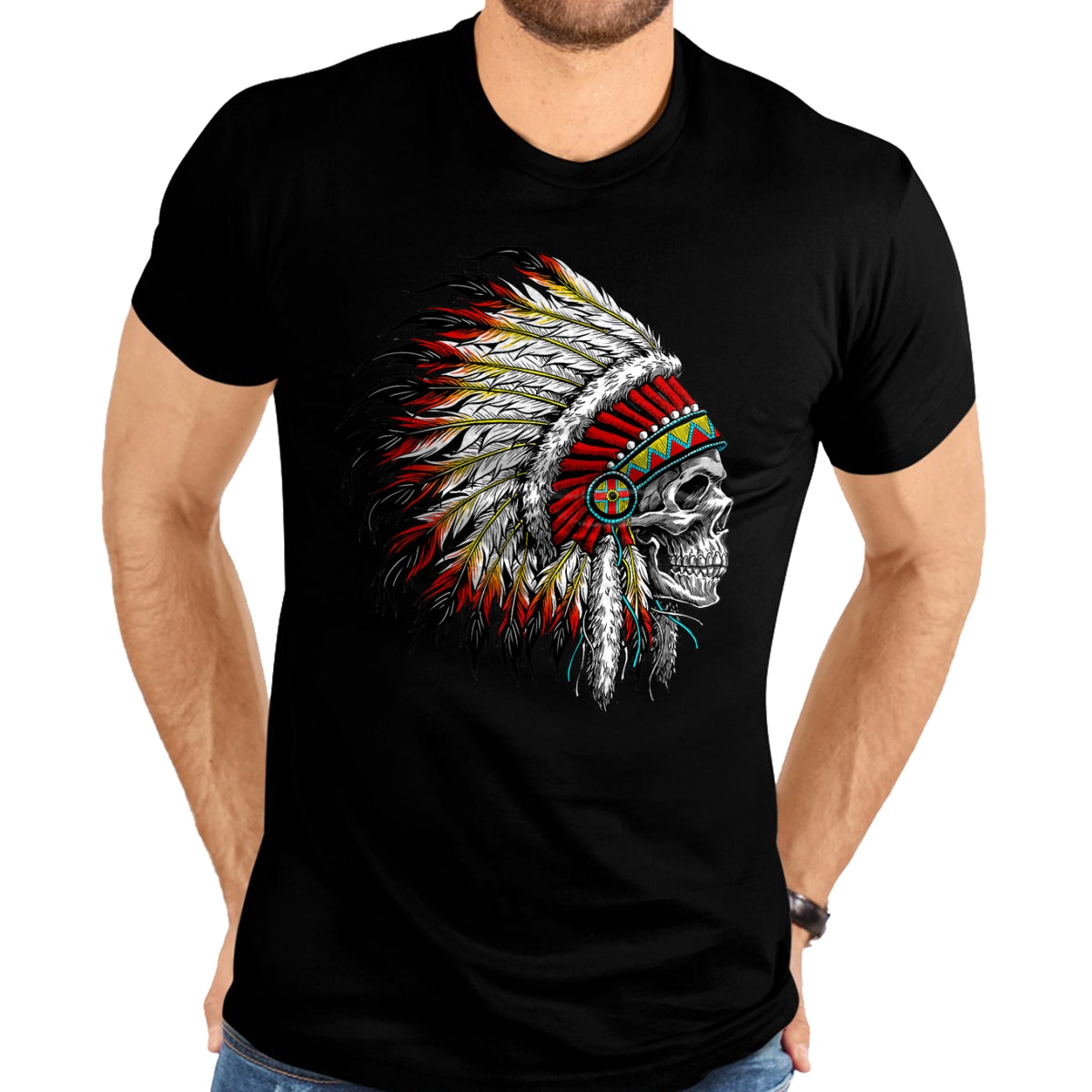 Native American T-Shirts, Vintage Native American Unisex T-Shirt/Hoodie/Sweatshirt HLT00 - Native American Indian Chief Skull Motorcycle Headdress T-Shirt (2)