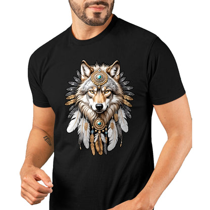 Native American T-Shirts, Vintage Native American Unisex T-Shirt/Hoodie/Sweatshirt HLT00 - Native American Wolf Feather Headdress Hunter Men Women T-Shirt (1)