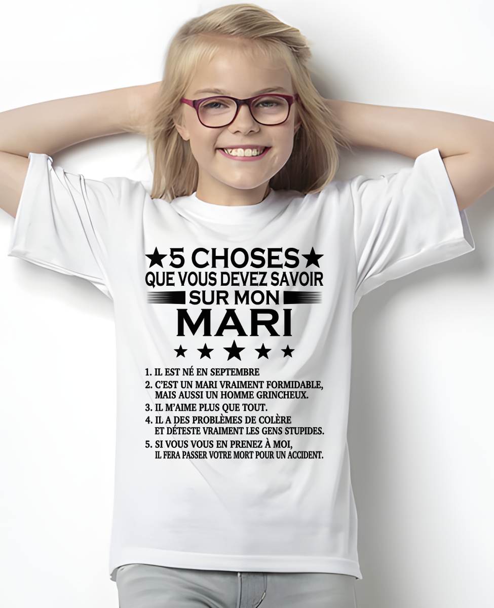 SEPTEMBRE - 5 CHOSES QUE VOUS DEVEZ SAVOIR SUR MON MARI - T-SHIRT CADEAU DU MARI - FR/NINA09 (SKU2605-257-09)