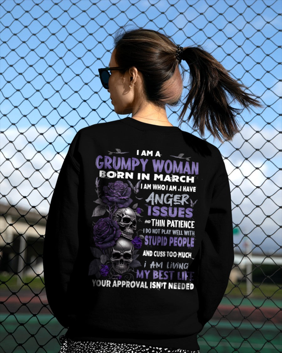 Grumpy Woman Born in March T-Shirt – Funny Skull & Rose Graphic Tee with Quotes - NINA03 FMA (SKU10-08-03)