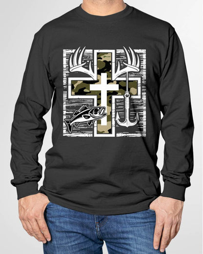 Faith Fishing Hunting Camo Cross with Hook Bass Christian T-Shirt