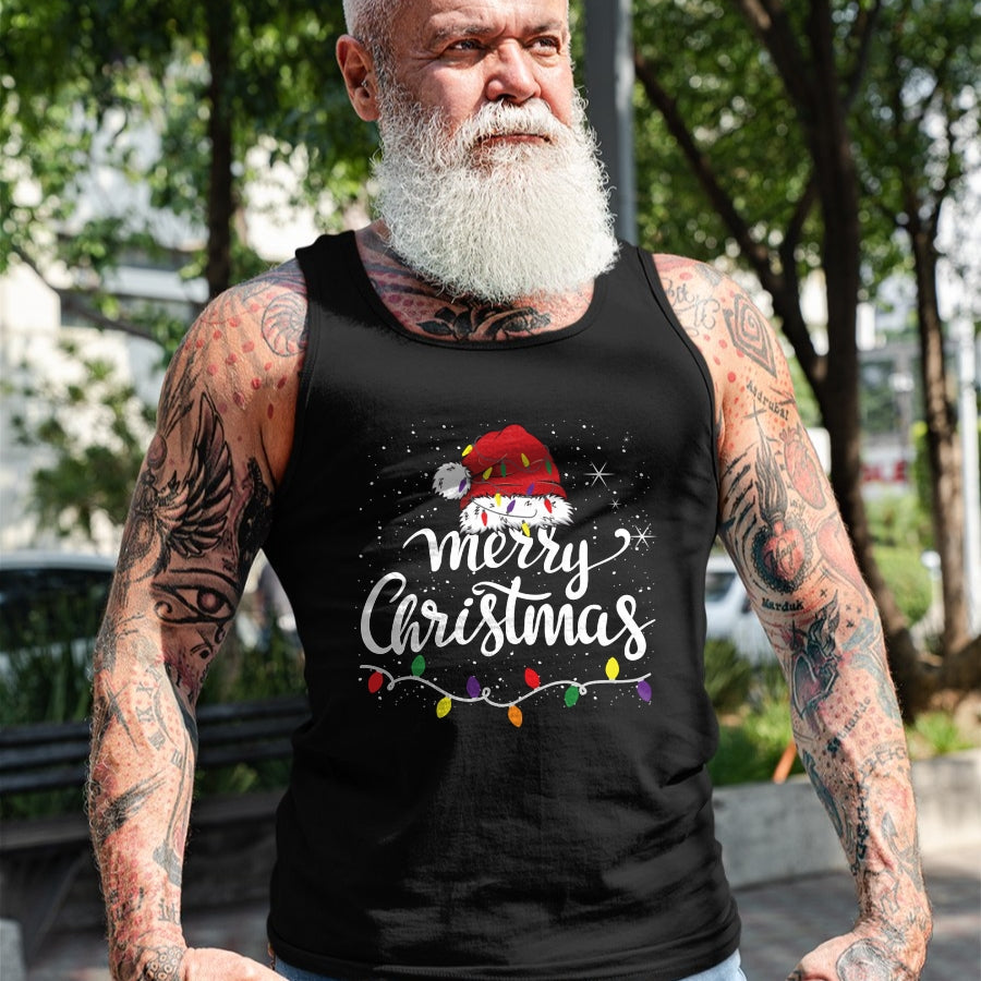 Merry Christmas Lights Red Santa Hat Xmas Family Men Women Pullover - Christmas Unisex T-Shirt/Hoodie/Sweatshirt - NINA00