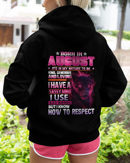 Born in August T-Shirt – Sassy Mind, Respect Quote Panther Design - FMA NINA08 (SKU09-24-08)