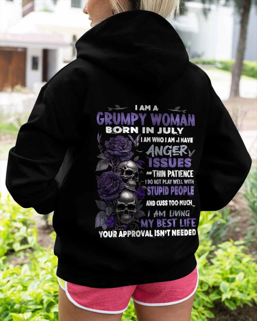 Grumpy Woman Born in July T-Shirt – Funny Skull & Rose Graphic Tee with Quotes - NINA07 FMA (SKU10-08-07)