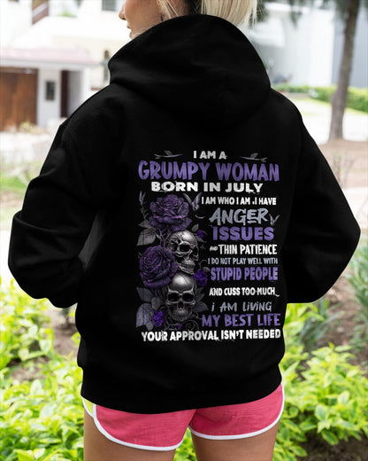 Grumpy Woman Born in July T-Shirt – Funny Skull & Rose Graphic Tee with Quotes - NINA07 FMA (SKU10-08-07)