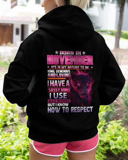 Born in November T-Shirt – Sassy Mind, Respect Quote Panther Design - FMA NINA11 (SKU09-24-11)