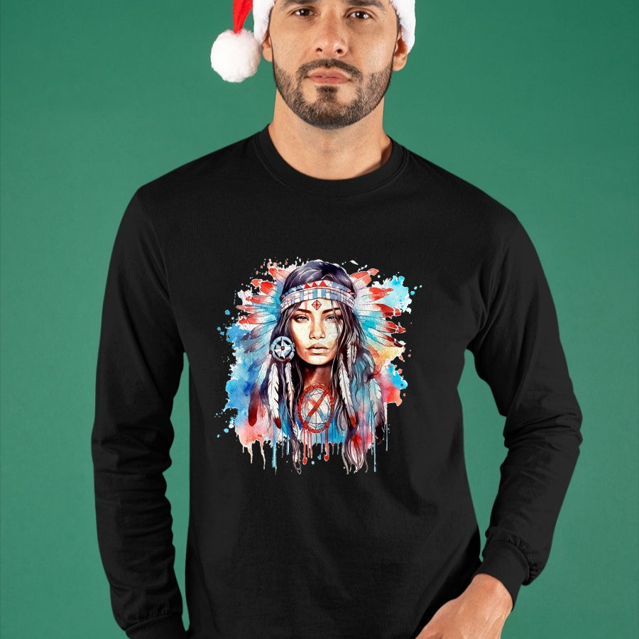 Native American T-Shirts, Vintage Native American Unisex T-Shirt/Hoodie/Sweatshirt HLT00 - Native American day indigenous girl with feathers T-Shirt (1)