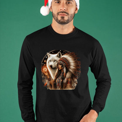 Native American T-Shirts, Vintage Native American Unisex T-Shirt/Hoodie/Sweatshirt HLT00 - Indian Native American Woman With White Wolf Vitage Gifts T-Shirt
