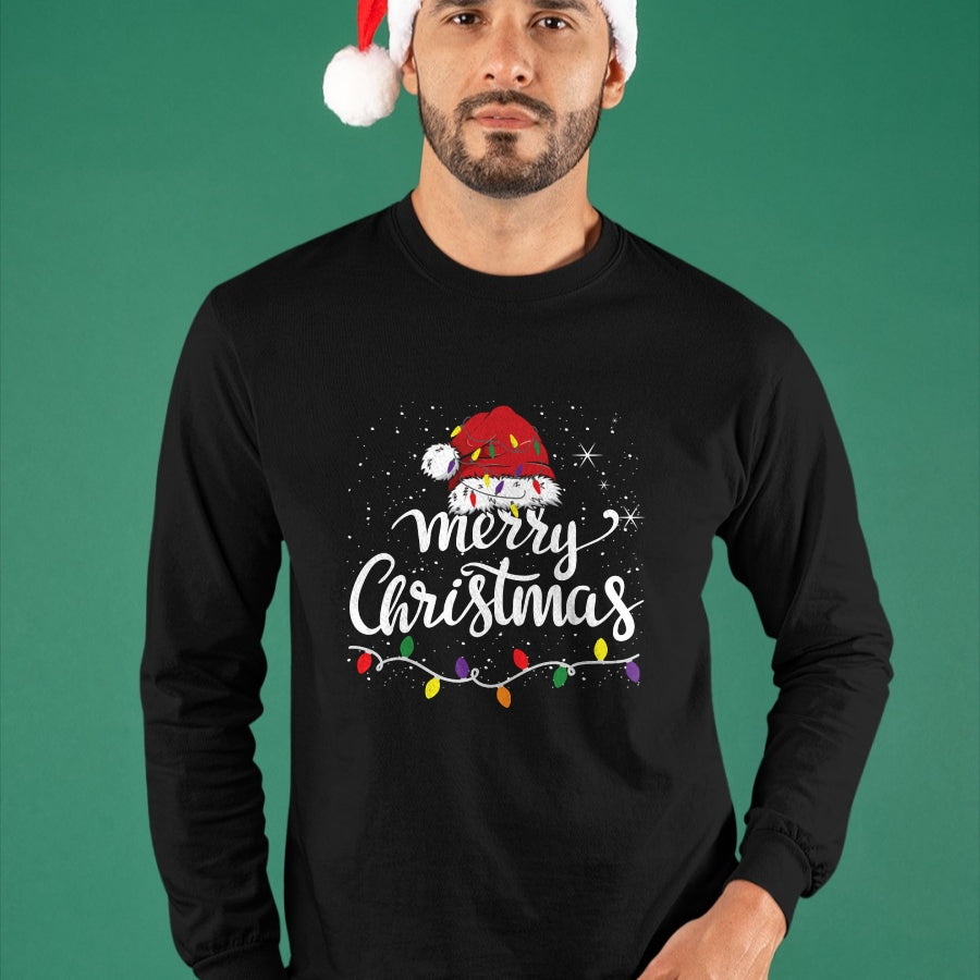 Merry Christmas Lights Red Santa Hat Xmas Family Men Women Pullover - Christmas Unisex T-Shirt/Hoodie/Sweatshirt - NINA00