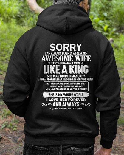 JANUARY - SORRY I AM ALREADY TAKEN BY A FREAKING AWESOME WIFE - GIFT FOR HUSBAND FROM WIFE - NINA01 (SKU2607-218-01)