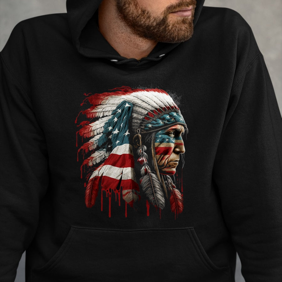 Native American T-Shirts, Vintage Native American Unisex T-Shirt/Hoodie/Sweatshirt HLT00 - Native American Indian Chief American USA Flag T-Shirt (2)