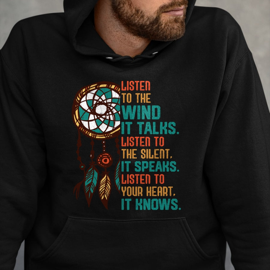 Native American T-Shirts, Vintage Native American Unisex T-Shirt/Hoodie/Sweatshirt HLT00 - Listen To The Wind It Talks Fun Native American Day Graphic Long Sleeve T-Shirt (1)
