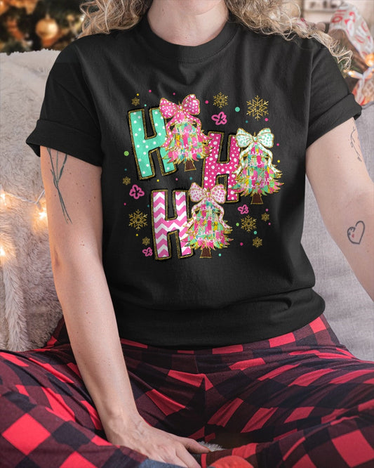 HO HO HO Merry Christmas Coquette Bow Xmas Trees Holiday T-Shirt (SKU-MRCM-11) FMA