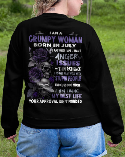 Grumpy Woman Born in July T-Shirt – Funny Skull & Rose Graphic Tee with Quotes - NINA07 FMA (SKU10-08-07)