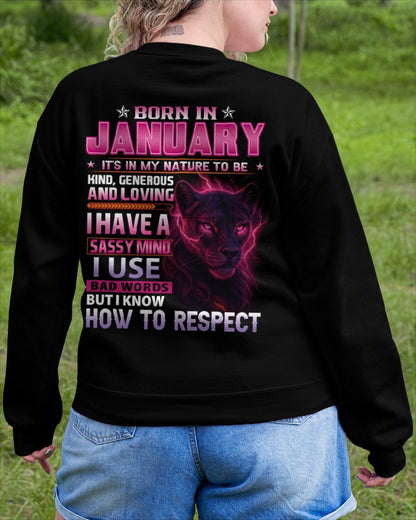 Born in January T-Shirt – Sassy Mind, Respect Quote Panther Design - FMA NINA01 (SKU09-24-01)