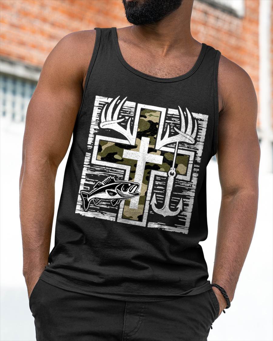 Faith Fishing Hunting Camo Cross with Hook Bass Christian T-Shirt