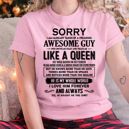 October - Sorry I am already taken by a freaking awesome guy - Gift for Wife From Husband - NINA10 (SKU-SRG-10)